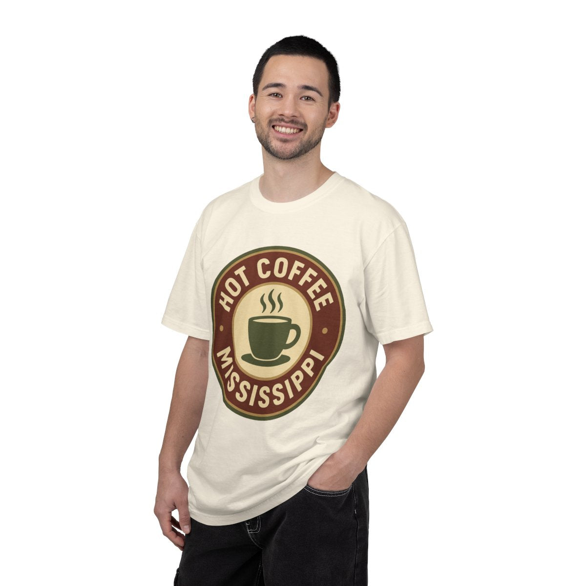 Hot Coffee, MS — Badge Steaming Mug T-shirt – Ivory person-1-front
