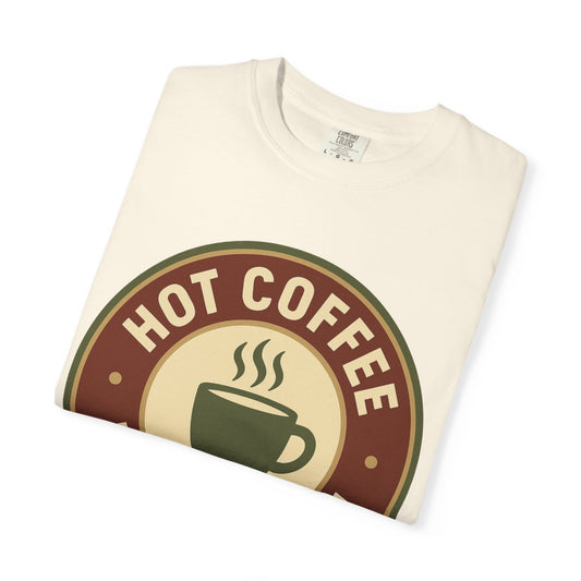 Hot Coffee, MS — Badge Steaming Mug T-shirt – Ivory folded