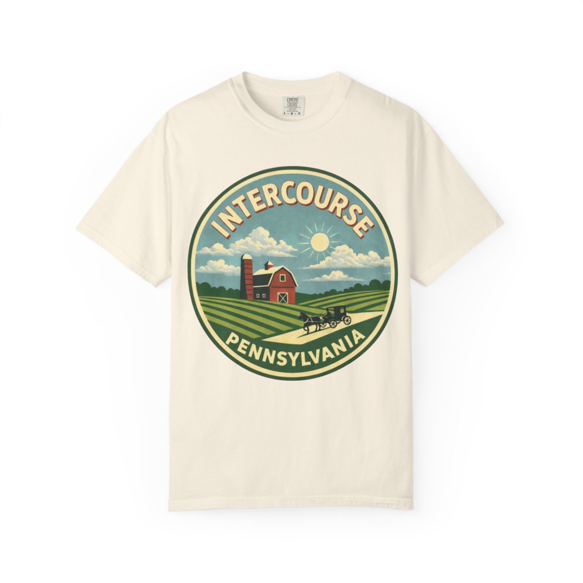 Intercourse, PA — Red Barn And Buggy Badge T-shirt – Ivory front