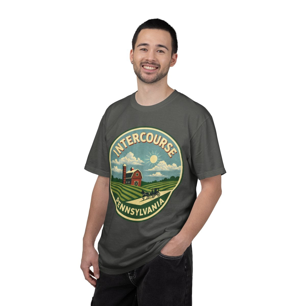 Intercourse, PA — Red Barn And Buggy Badge T-shirt – Pepper person-1-front