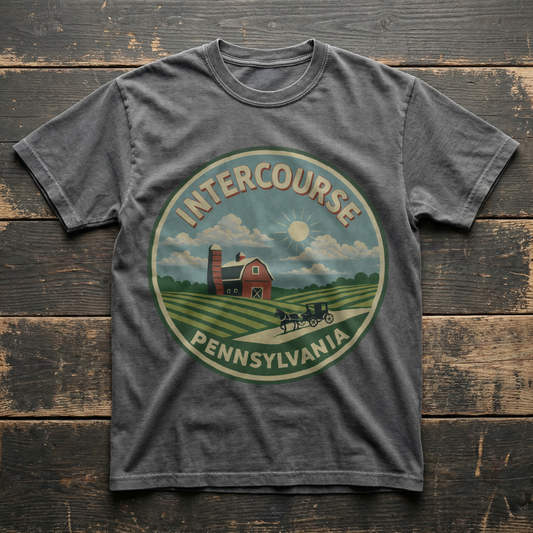 Gray t-shirt with Intercourse, Pennsylvania graphic on a wooden surface