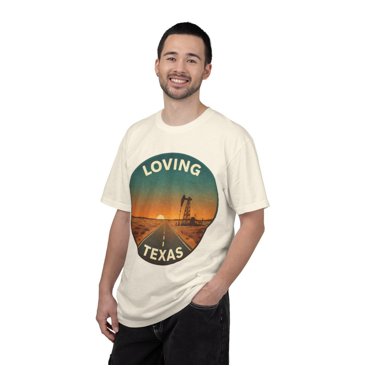 Loving, TX — Desert Sunset T-shirt – Ivory person-1-front