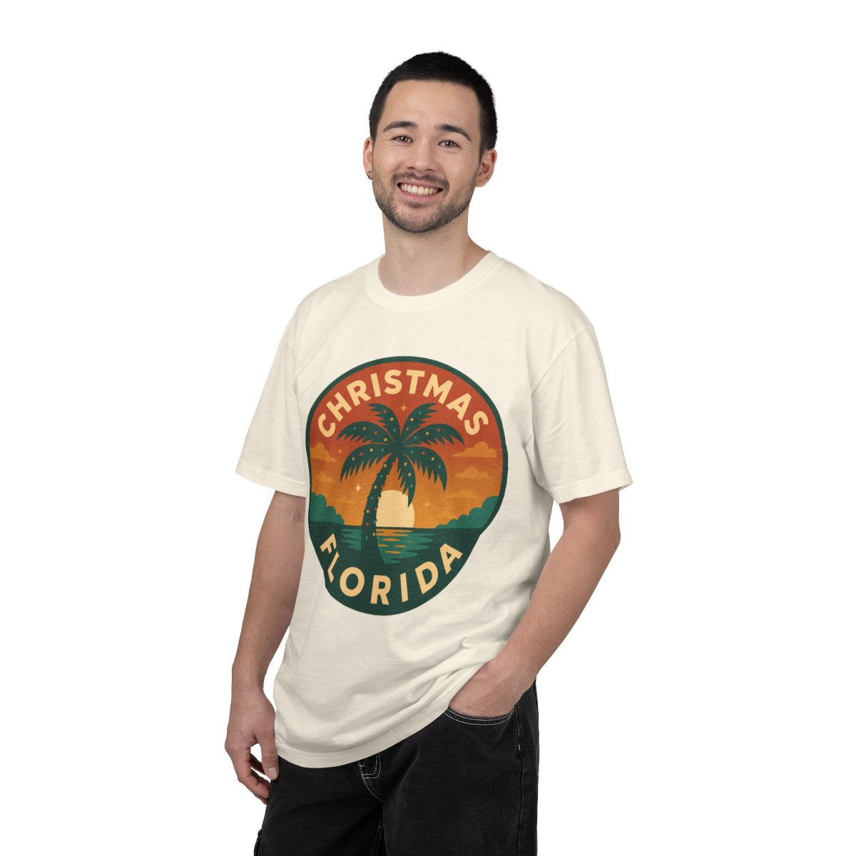 Christmas, FL — Festive Badge Sunrise T-shirt – Ivory person-1-front