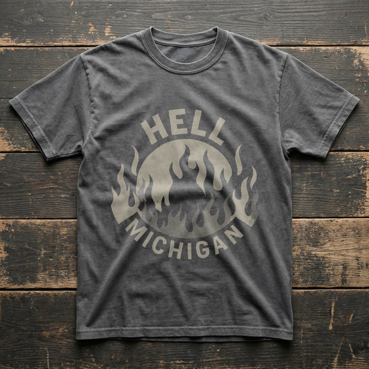 Gray t-shirt with 'Hell Michigan' graphic on a wooden surface