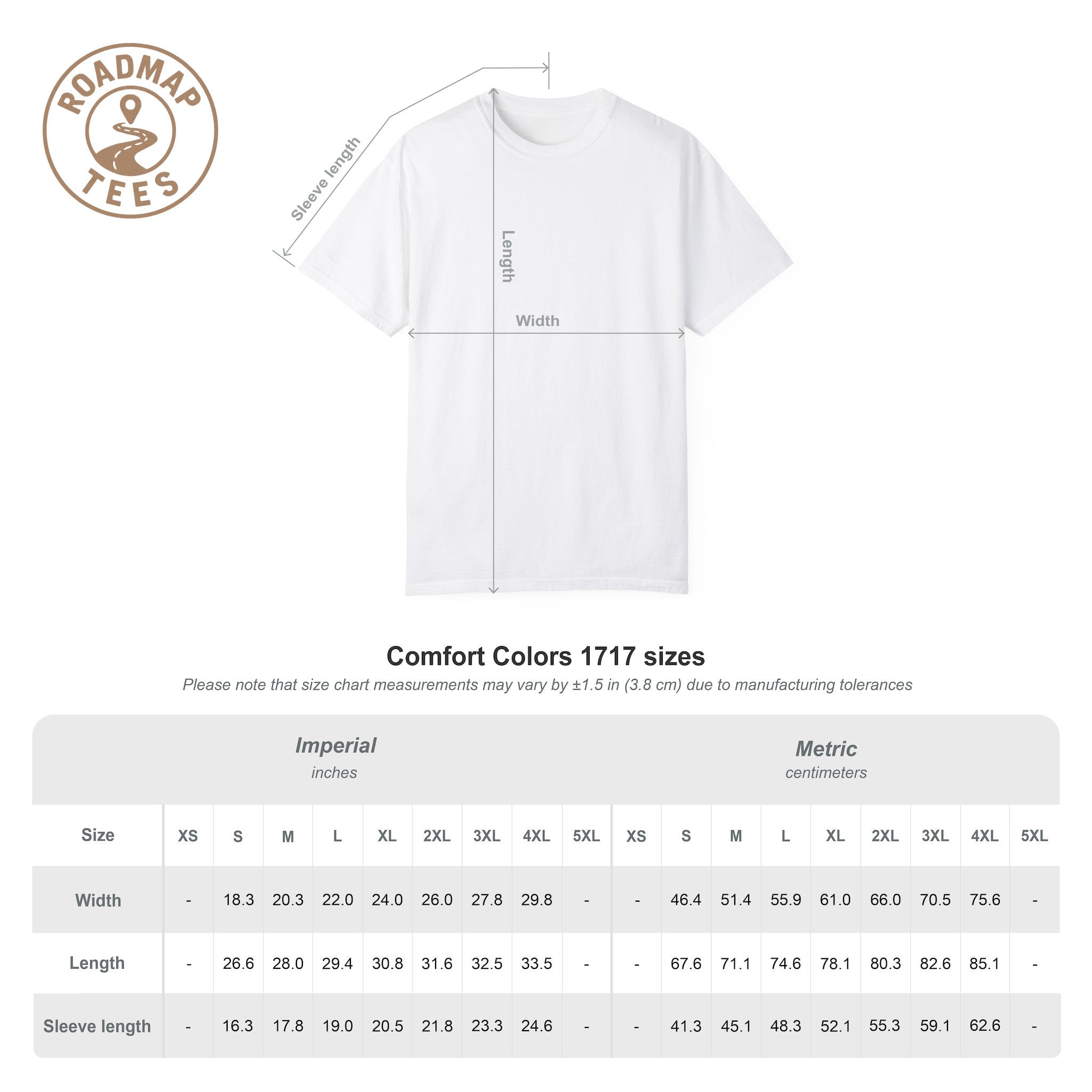 Size chart for Comfort Colors 1717