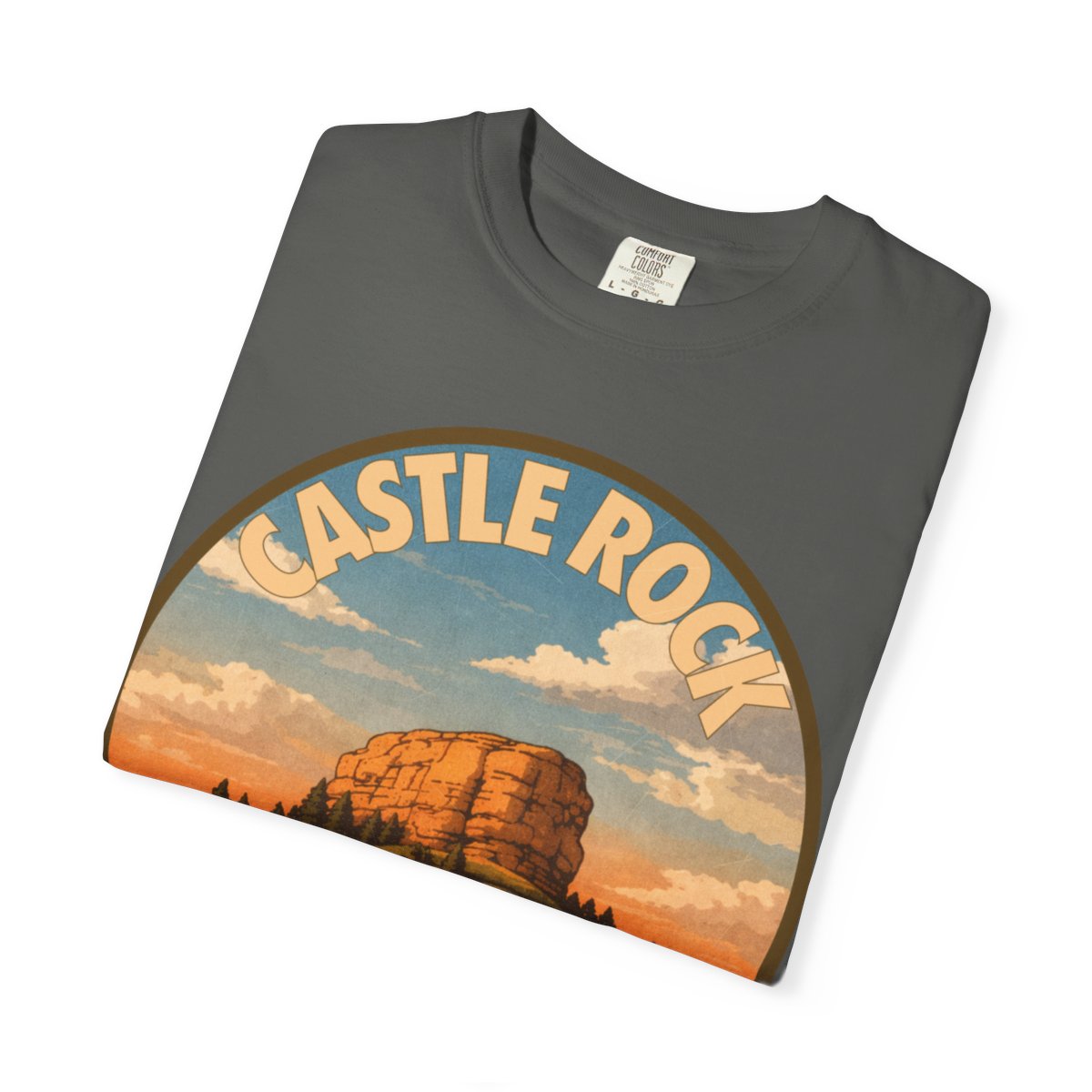 Castle Rock, CO — Front Range Badge T-shirt – Pepper folded