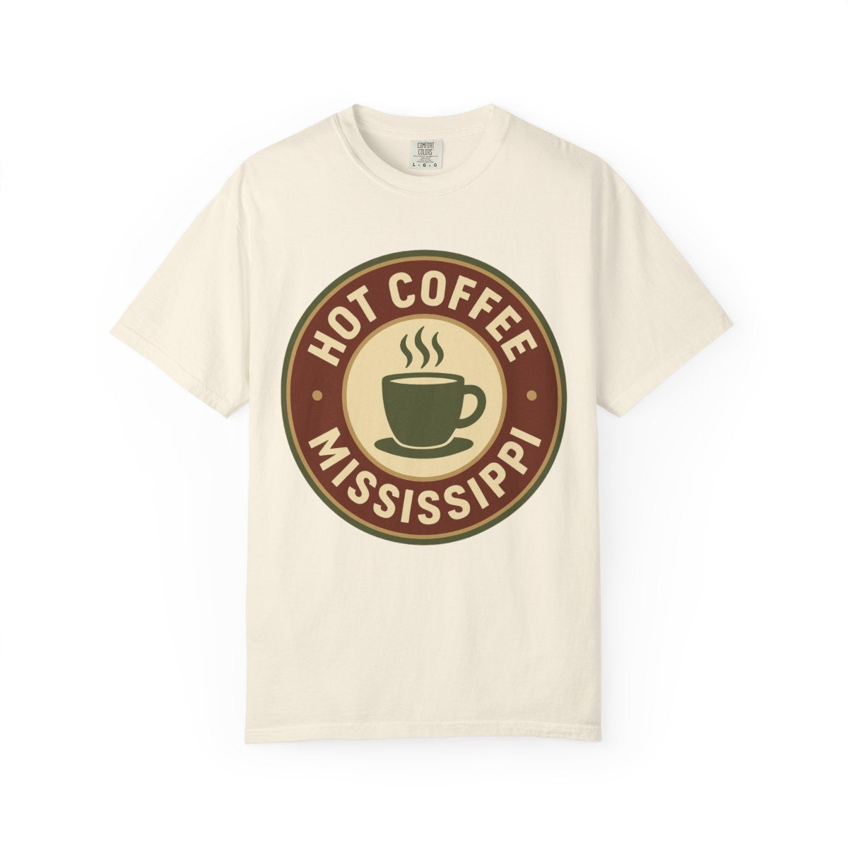 Hot Coffee, MS — Badge Steaming Mug T-shirt – Ivory front