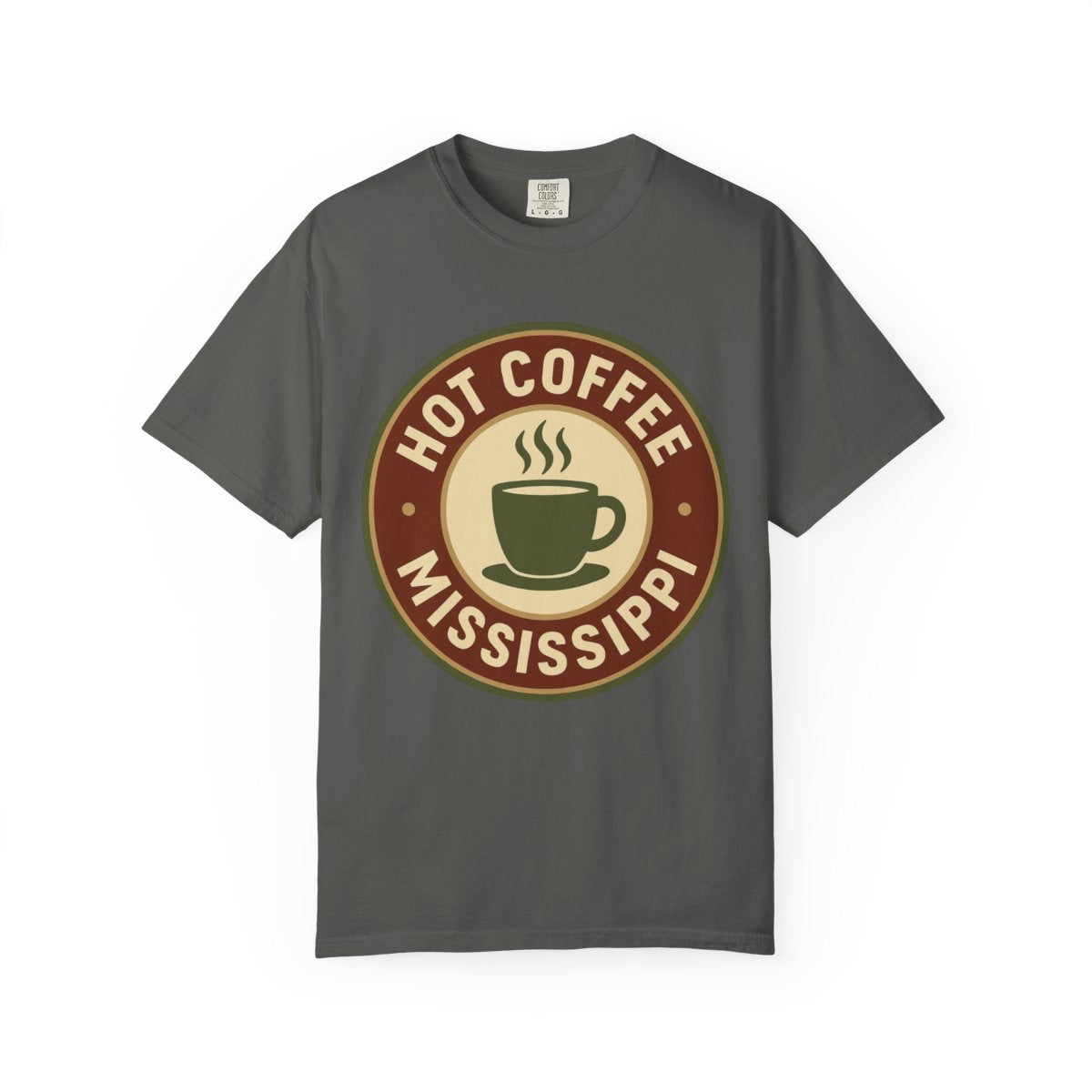 Hot Coffee, MS — Badge Steaming Mug T-shirt – Pepper front