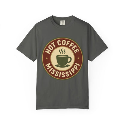 Hot Coffee, MS — Badge Steaming Mug T-shirt – Pepper front