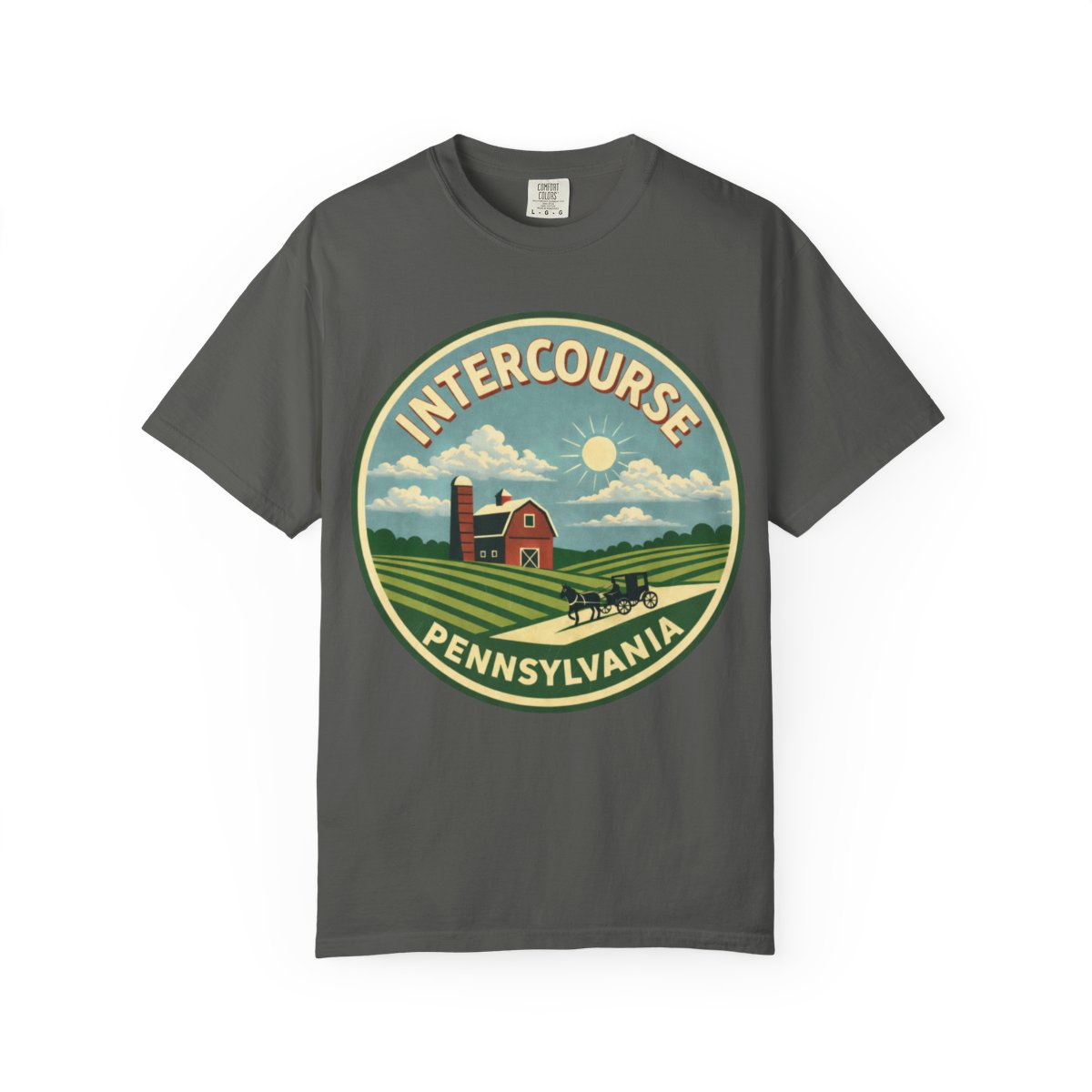 Intercourse, PA — Red Barn And Buggy Badge T-shirt – Pepper front