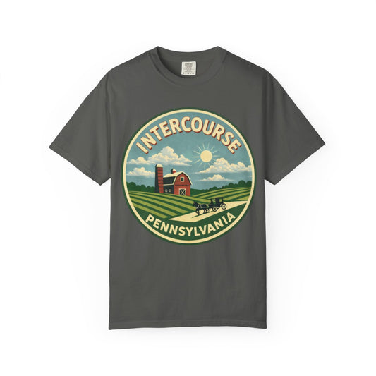 Intercourse, PA — Red Barn And Buggy Badge T-shirt – Pepper front