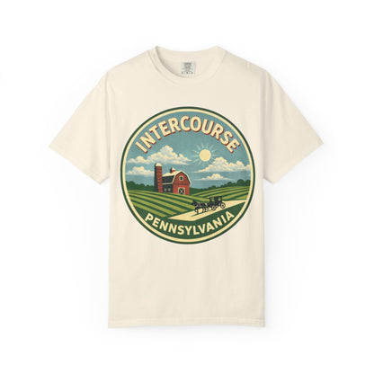 Intercourse, PA — Red Barn And Buggy Badge T-shirt – Ivory front