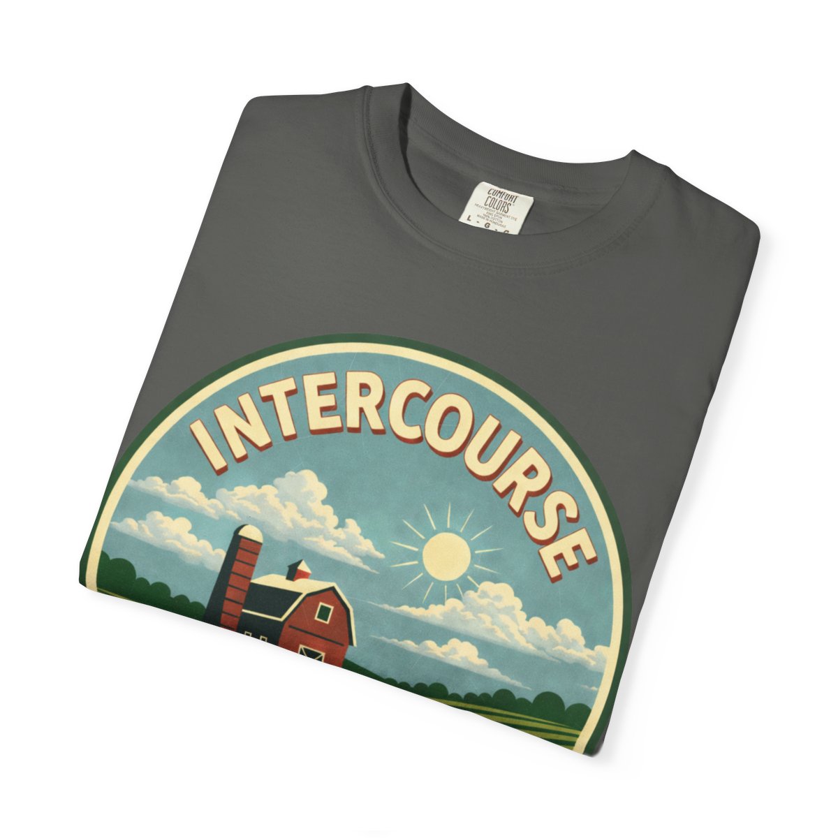 Intercourse, PA — Red Barn And Buggy Badge T-shirt – Pepper folded