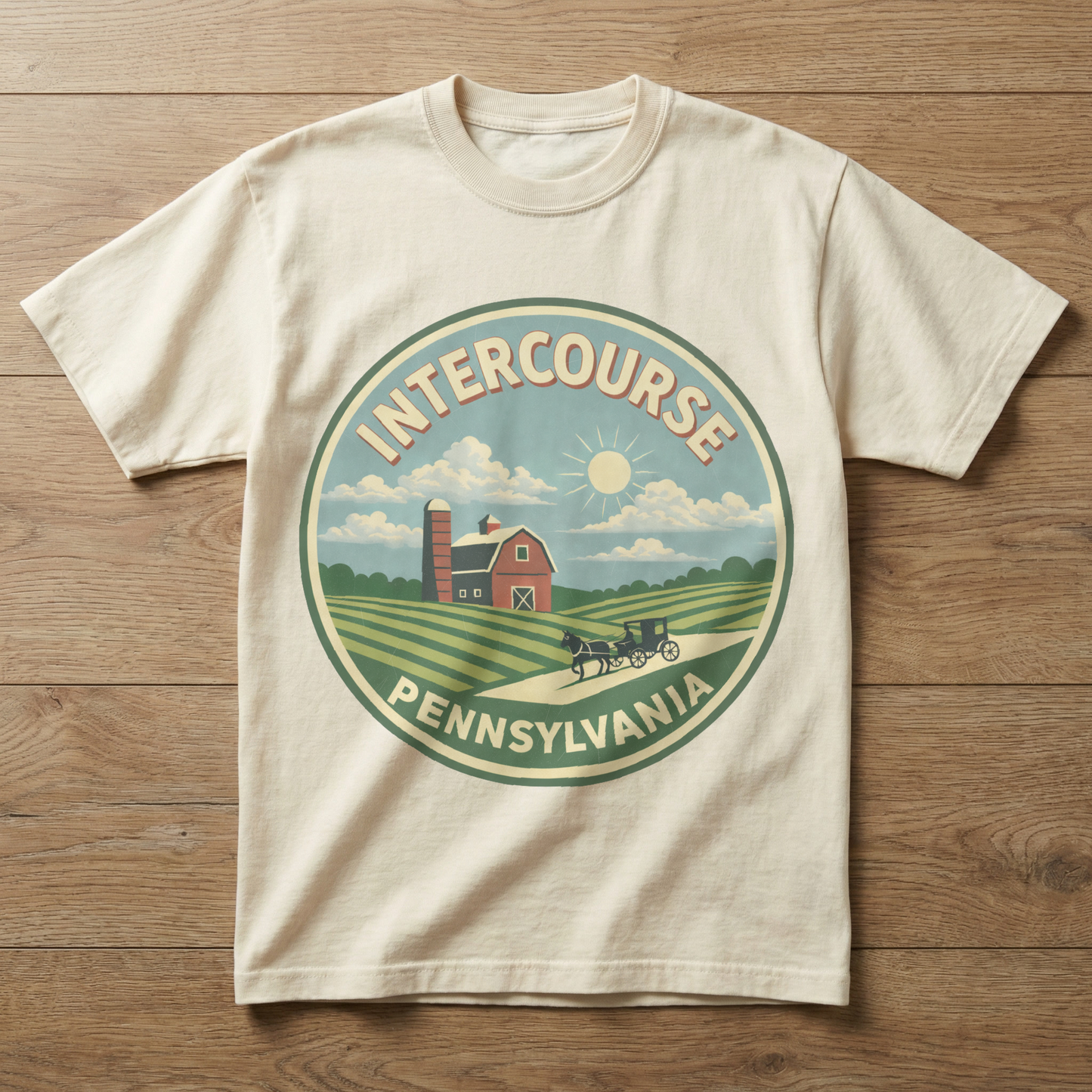 Beige t-shirt with Intercourse, Pennsylvania graphic on a wooden surface