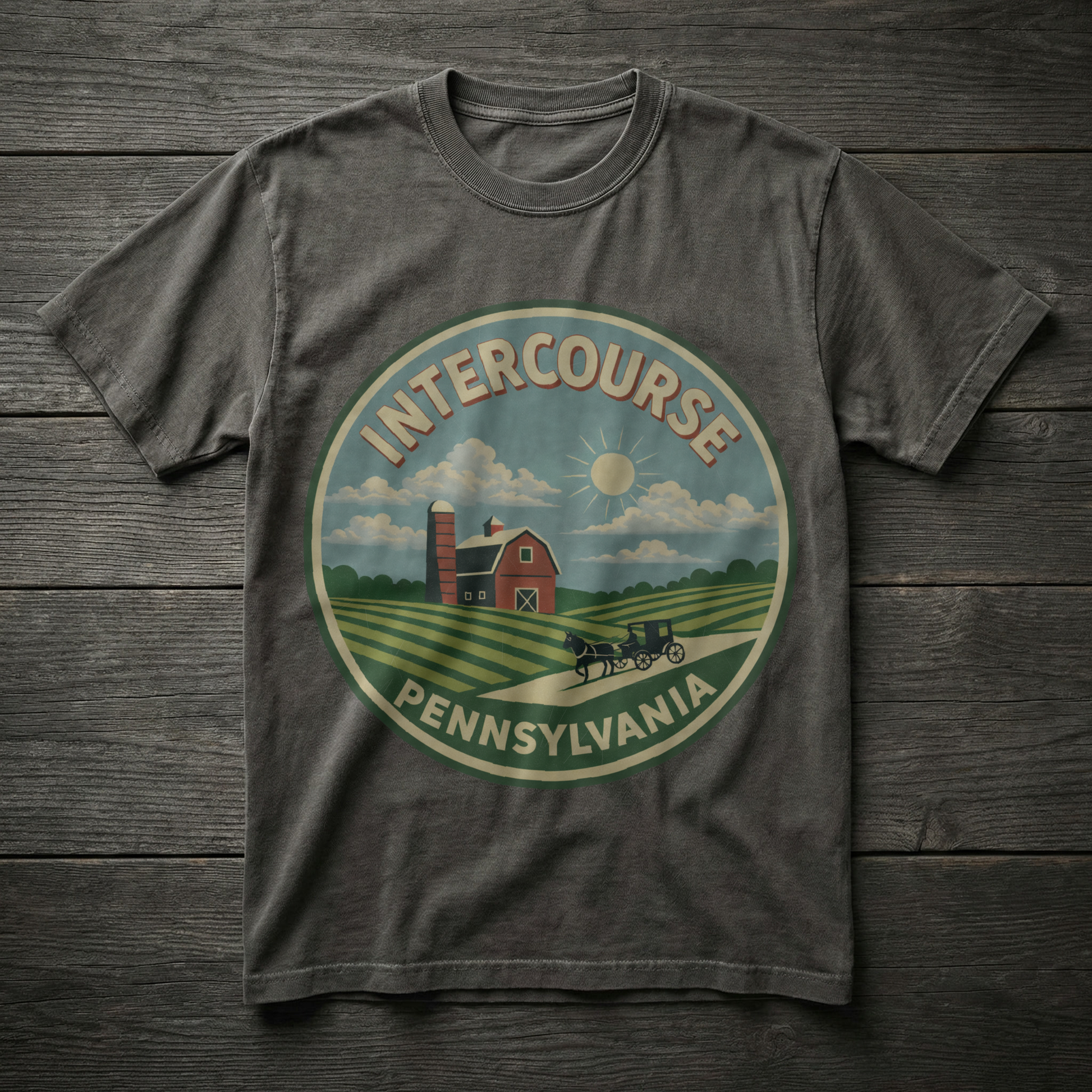 T-shirt with Intercourse, Pennsylvania graphic on a wooden surface