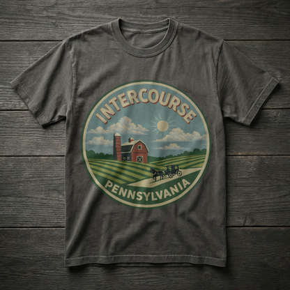 T-shirt with Intercourse, Pennsylvania graphic on a wooden surface