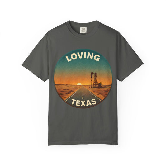 Loving, TX — Desert Sunset T-shirt – Pepper front