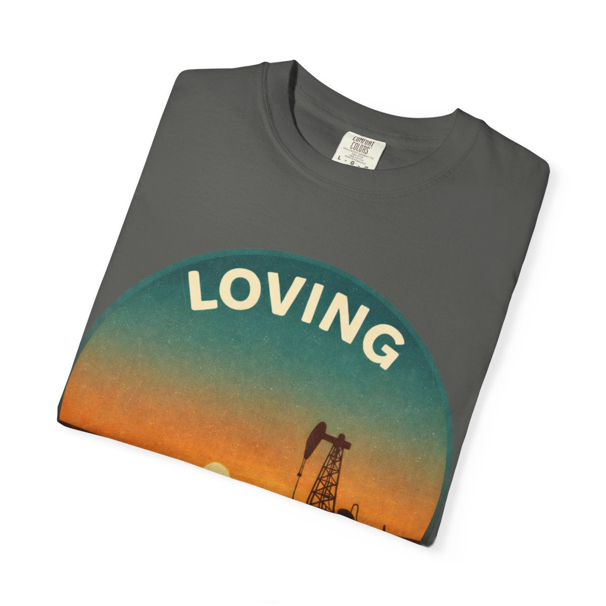 Loving, TX — Desert Sunset T-shirt – Pepper folded