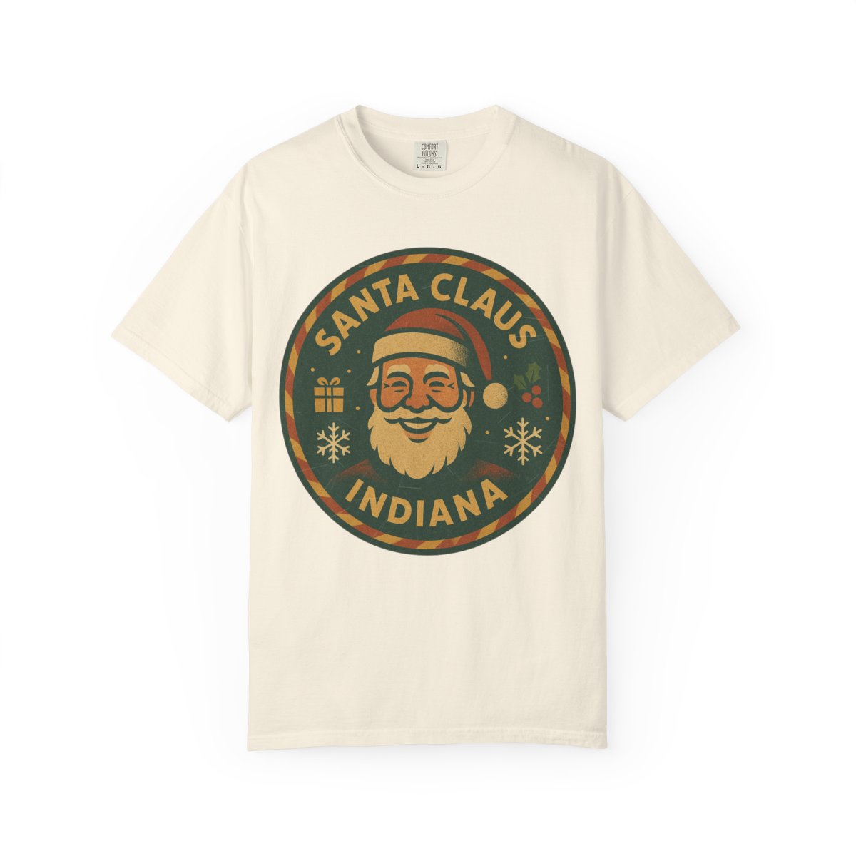 Santa Claus, IN — Vintage Badge Tee T-shirt – Ivory front