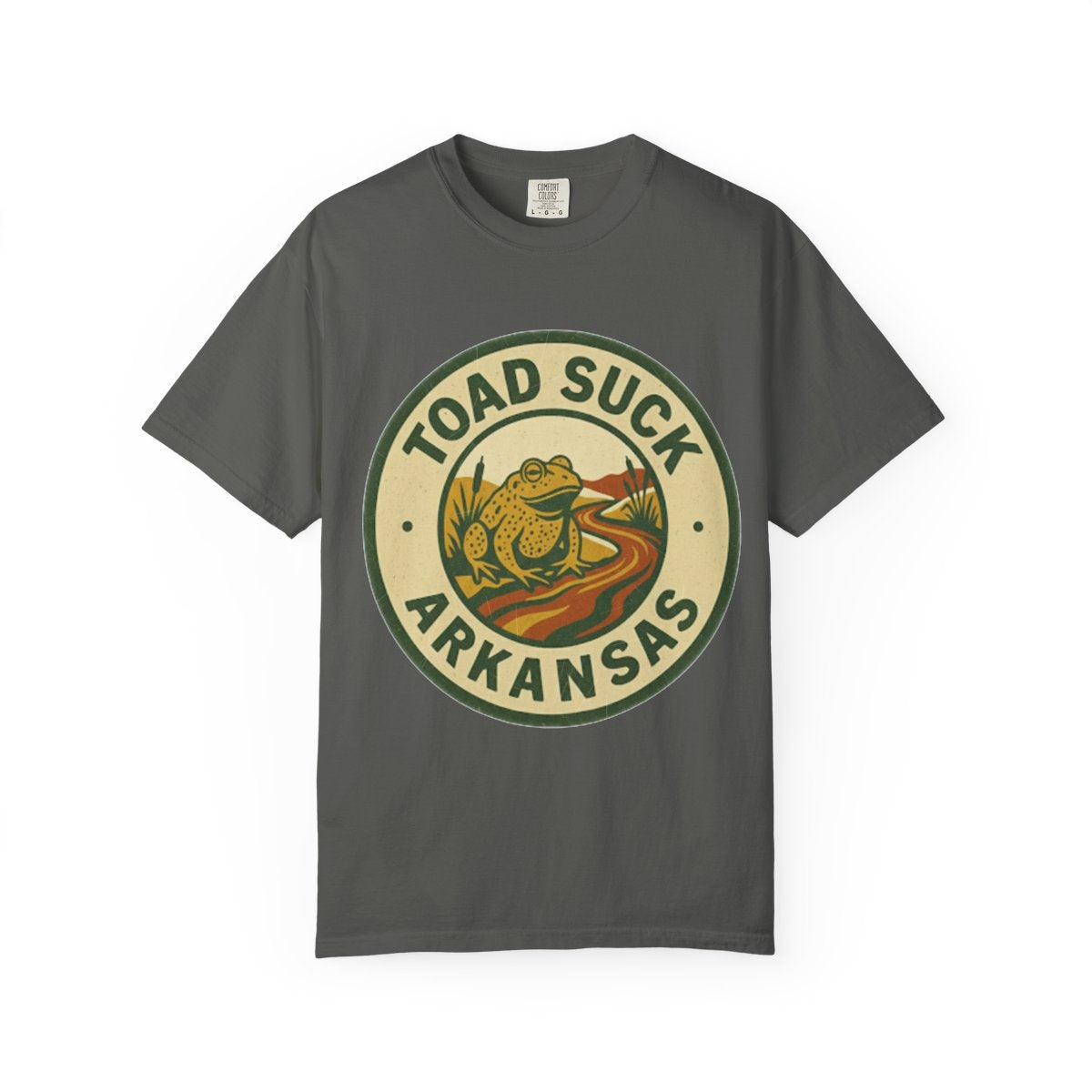 Toad Suck, AR — Riverbank Badge Variant T-shirt – Pepper front
