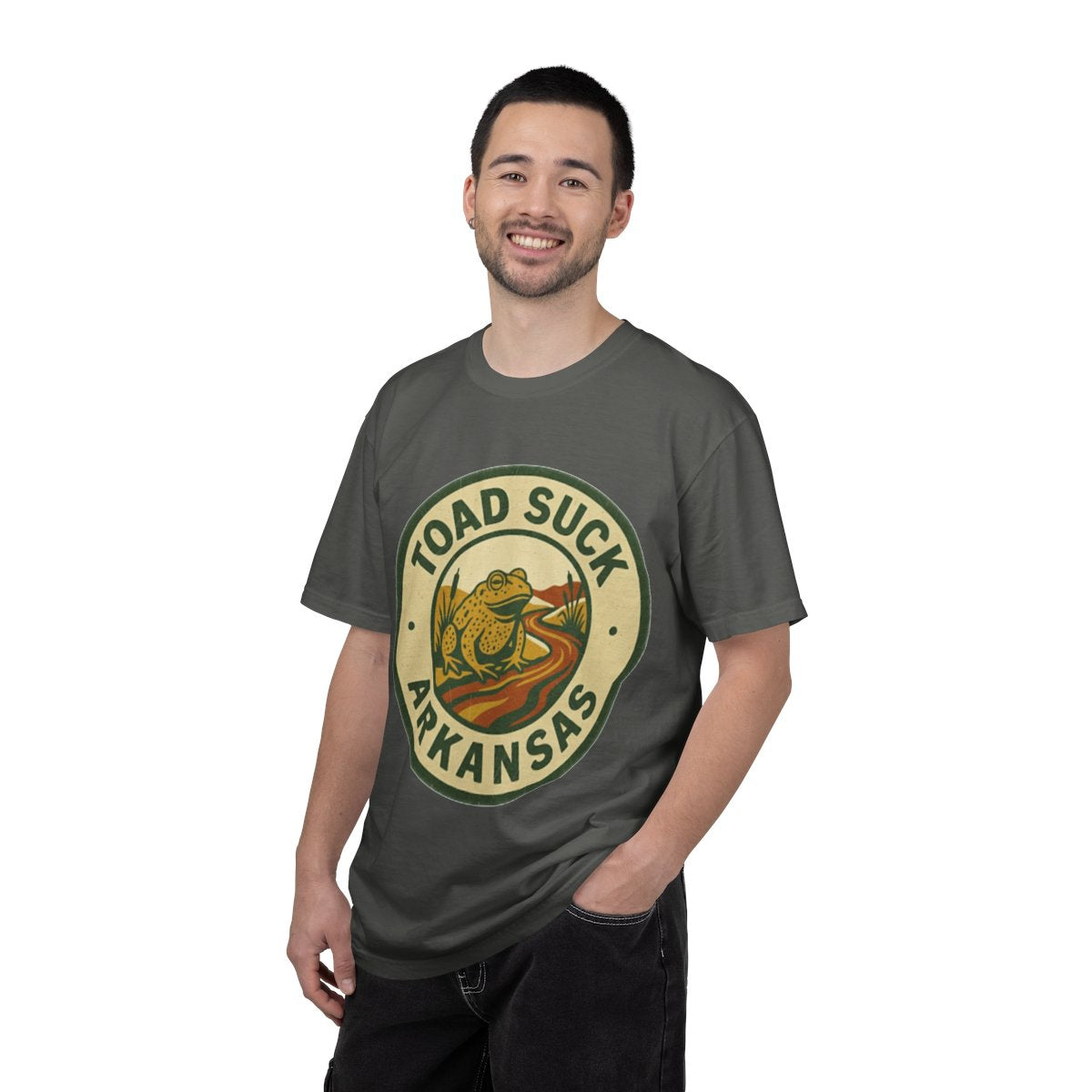 Toad Suck, AR — Riverbank Badge Variant T-shirt – Pepper person-1-front
