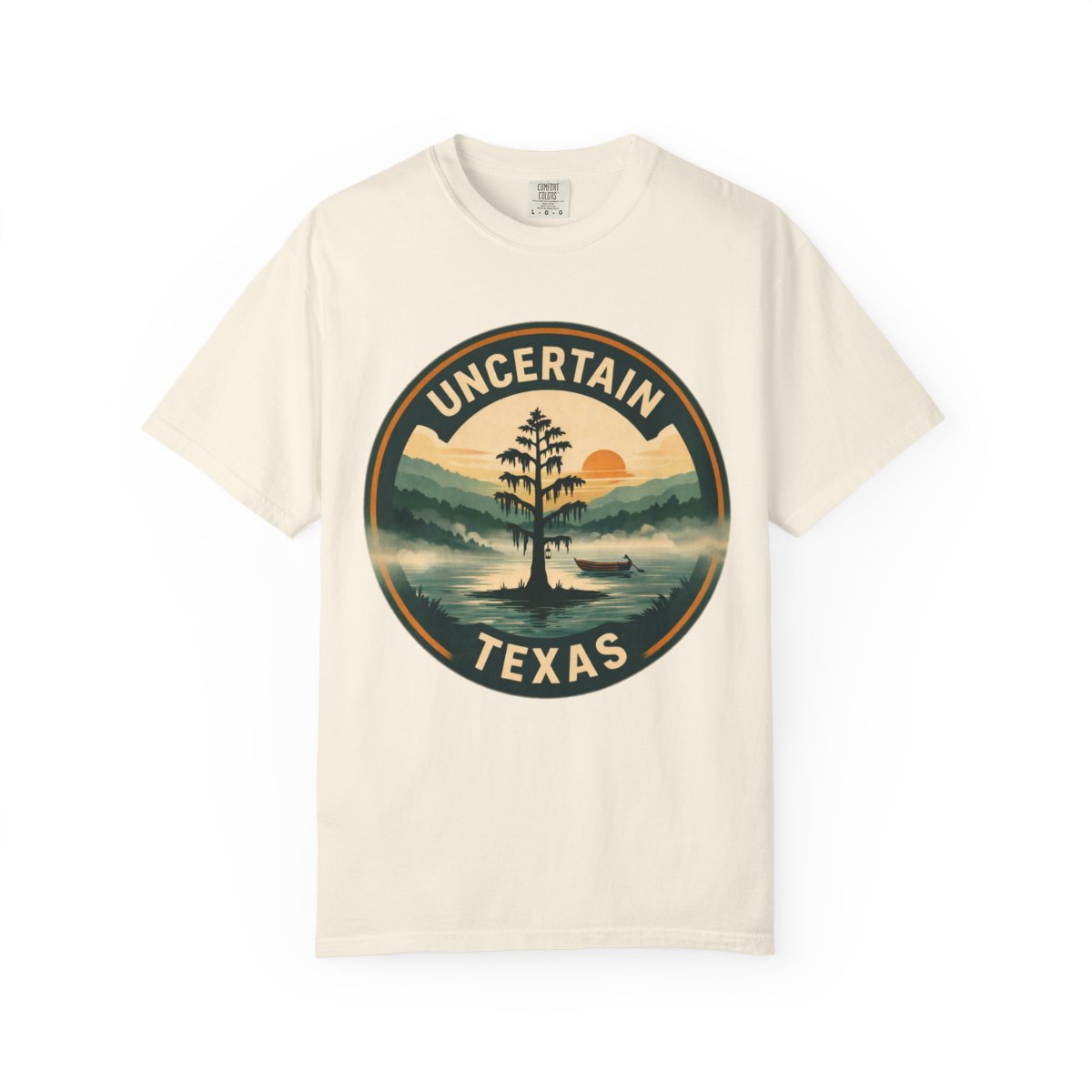 Uncertain, TX — Badge Lone Cypress T-shirt – Ivory front