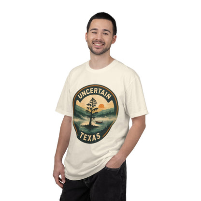 Uncertain, TX — Badge Lone Cypress T-shirt – Ivory person-1-front
